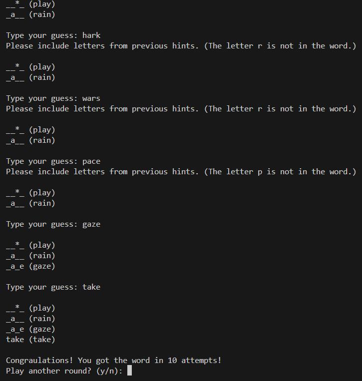 my wordle bot played on the console of VS code